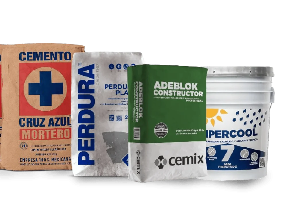 Sacos de cemento y cubeta de impermeabilizante de las marcas Cruz Azul, Perdura, Cemix e Impercool